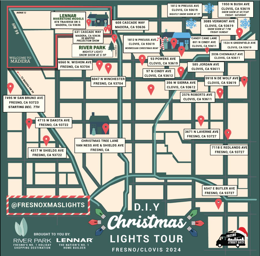 The DIY Christmas Lights Tour Map (created by Fresno Street Eats founder Mike Osegueda) makes it easy to tour some of the brightest lights in Fresno and Clovis.